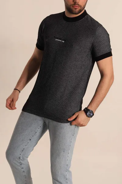 Siyah Regular Fit Çizgi Dokulu Yazı Detay Erkek Tişört 268723