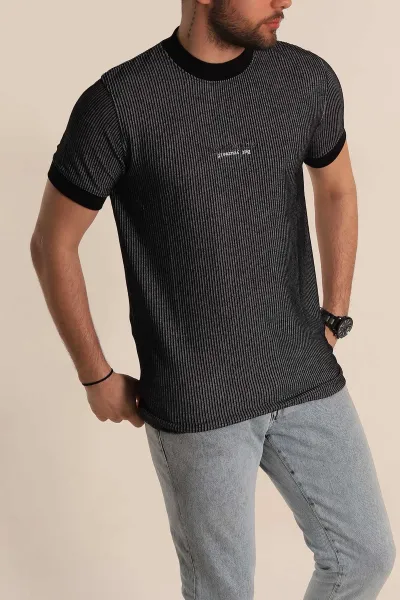Siyah Regular Fit Çizgi Dokulu Yazı Detay Erkek Tişört 268723