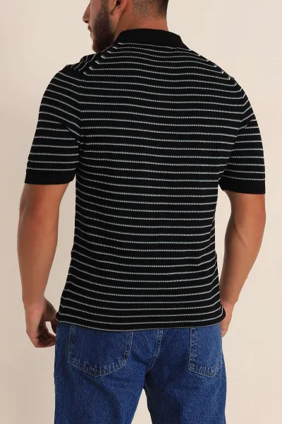 Siyah Regular Fit Çizgili Apaş Yaka Triko Tişört 254687