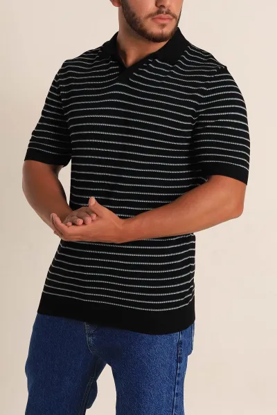Siyah Regular Fit Çizgili Apaş Yaka Triko Tişört 254687