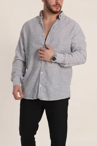 Siyah Regular Fit Çizgili Ata Yaka Erkek Gömlek 349915