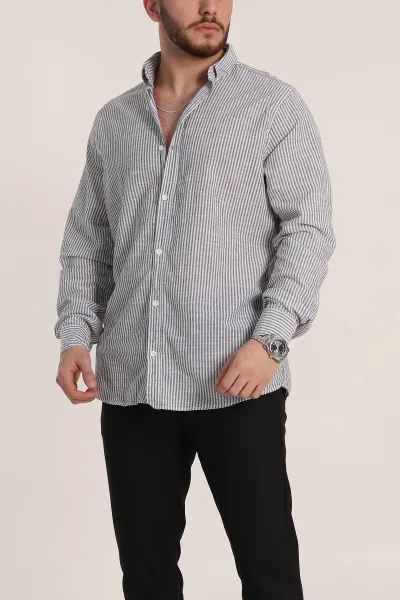 Siyah Regular Fit Çizgili Ata Yaka Erkek Gömlek 349915