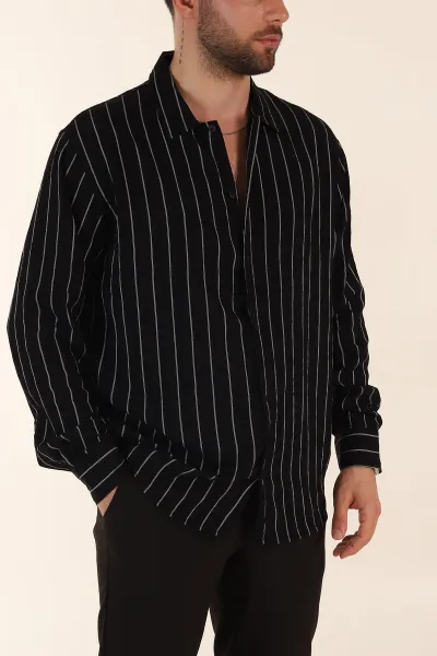 siyah-regular-fit-cizgili-uzun-kollu-erkek-gomlek-369564