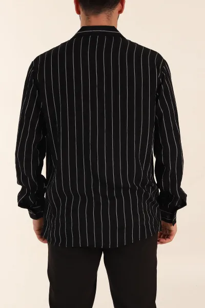 Siyah Regular Fit Çizgili Uzun Kollu Erkek Gömlek 369564