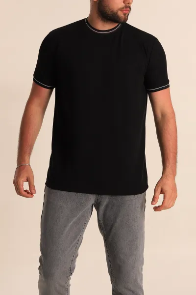 Siyah Regular Fit Çizgili Yaka Detaylı Erkek Tişört 277152