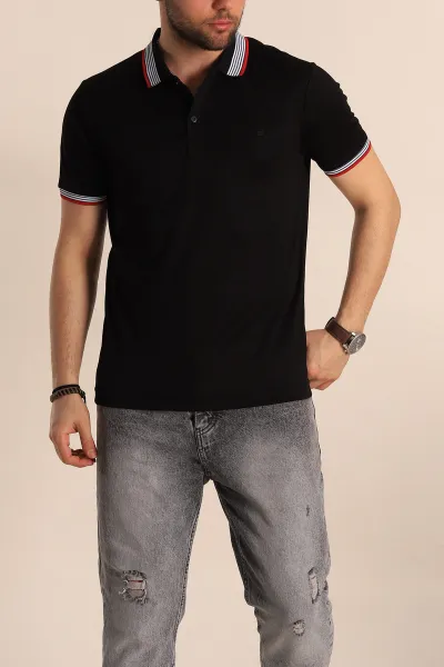 Siyah Regular Fit Desenli Polo Yakalı Erkek Tişört 263260