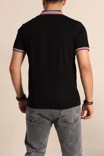 Siyah Regular Fit Desenli Polo Yakalı Erkek Tişört 263260