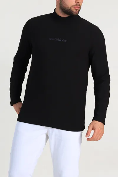 Siyah Regular Fit Dik Yaka Kabartma Yazılı Erkek Sweatshirt 305764