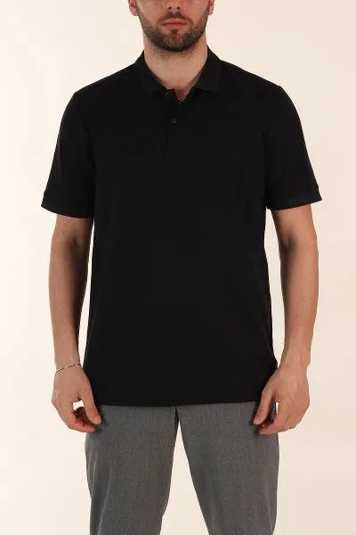 Siyah Regular Fit Dokulu Düğmeli Polo Yaka Erkek Triko Tişört 370068