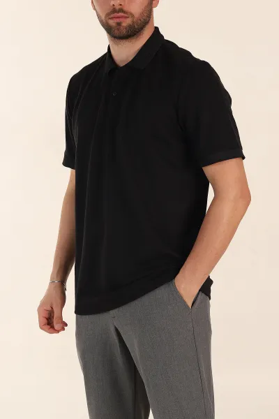 Siyah Regular Fit Dokulu Düğmeli Polo Yaka Erkek Triko Tişört 370068