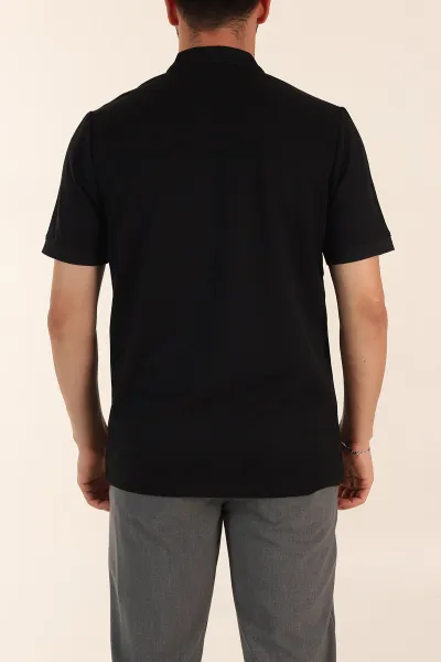 Siyah Regular Fit Dokulu Düğmeli Polo Yaka Erkek Triko Tişört 370068