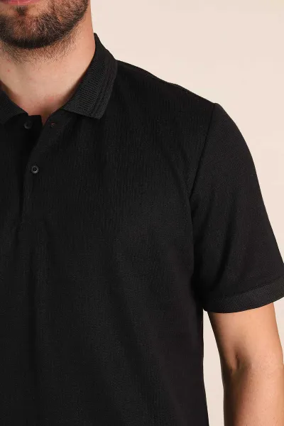 Siyah Regular Fit Dokulu Düğmeli Polo Yaka Erkek Triko Tişört 370068