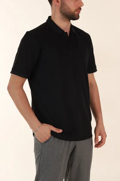 Siyah Regular Fit Dokulu Düğmeli Polo Yaka Erkek Triko Tişört 370068