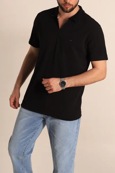 Siyah Regular Fit Dokulu Fermuarlı Polo Yaka Erkek Tişört 277198