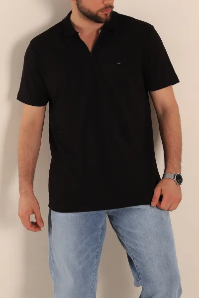 Siyah Regular Fit Dokulu Fermuarlı Polo Yaka Erkek Tişört 277198