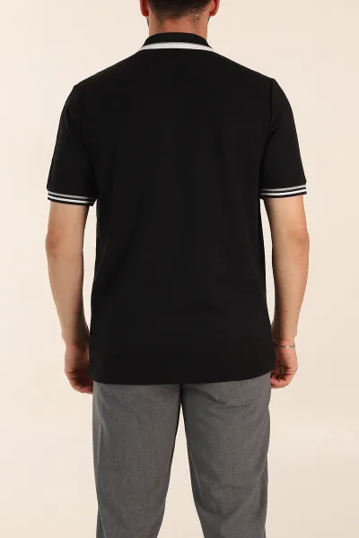 Siyah Regular Fit Dokulu Fermuarlı Polo Yaka Erkek Triko Tişört 370055