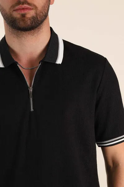 Siyah Regular Fit Dokulu Fermuarlı Polo Yaka Erkek Triko Tişört 370055
