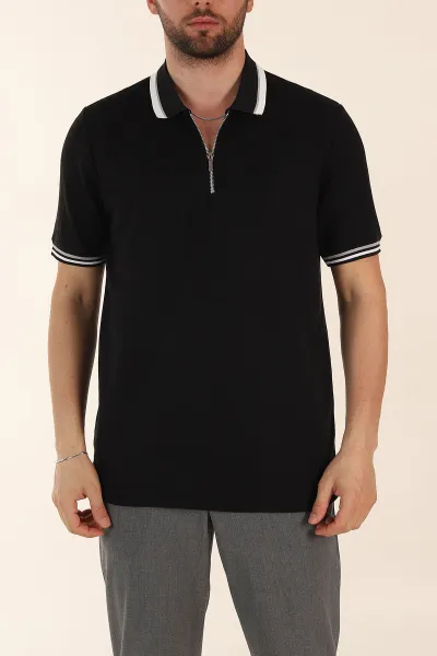Siyah Regular Fit Dokulu Fermuarlı Polo Yaka Erkek Triko Tişört 370055
