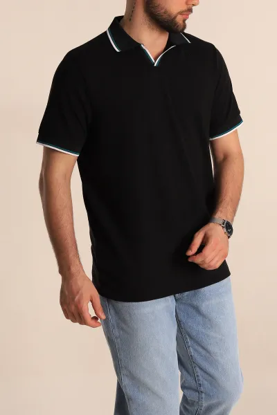 Siyah Regular Fit Dokulu Polo Yaka Erkek Tişört 277063