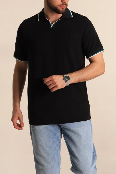 Siyah Regular Fit Dokulu Polo Yaka Erkek Tişört 277063