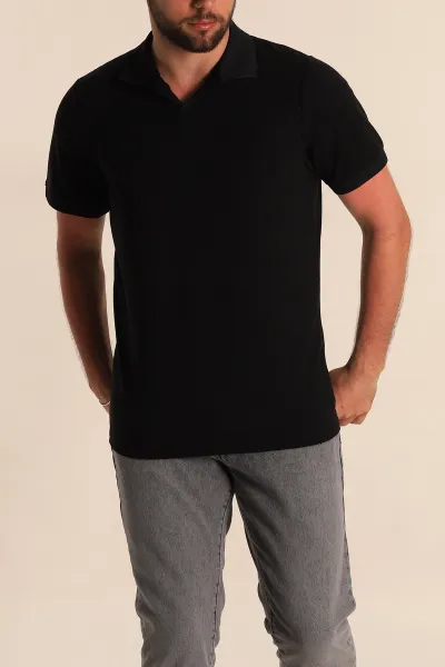 Siyah Regular Fit Dokulu Polo Yaka Erkek Tişört 277118