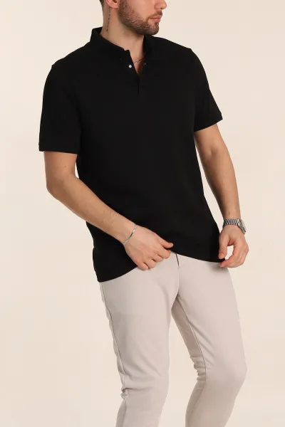 Siyah Regular Fit Dokulu Polo Yaka Erkek Tişört 342490
