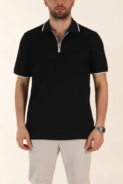 Siyah Regular Fit Dokulu Polo Yaka Erkek Triko Tişört 369369