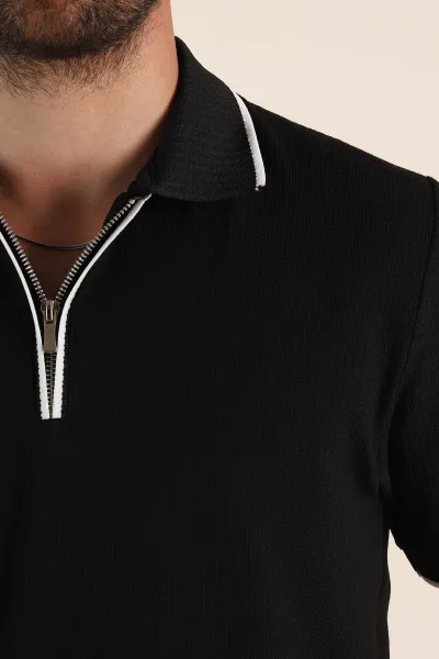 Siyah Regular Fit Dokulu Polo Yaka Erkek Triko Tişört 369369