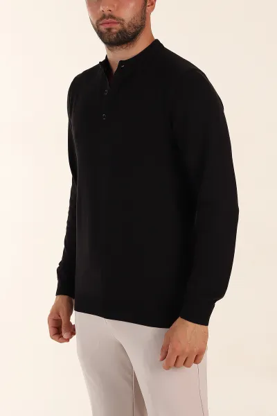 Siyah Regular Fit Düğmeli Yaka Uzun Kollu Triko 393305