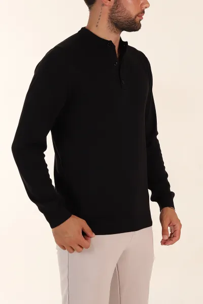 Siyah Regular Fit Düğmeli Yaka Uzun Kollu Triko 393305