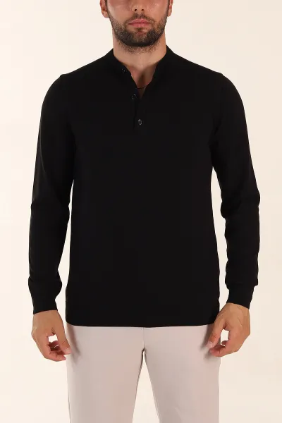 Siyah Regular Fit Düğmeli Yaka Uzun Kollu Triko 393305
