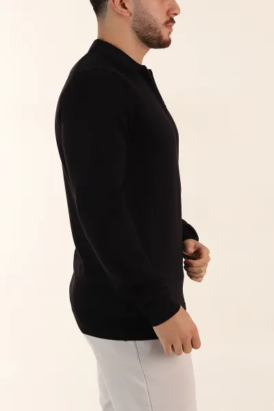 Siyah Regular Fit Fermuarlı Polo Yaka Uzun Kollu Triko 393300