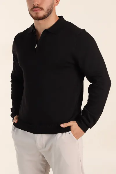 siyah-regular-fit-fermuarli-polo-yaka-uzun-kollu-triko-393300