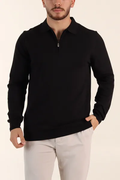 Siyah Regular Fit Fermuarlı Polo Yaka Uzun Kollu Triko 393300