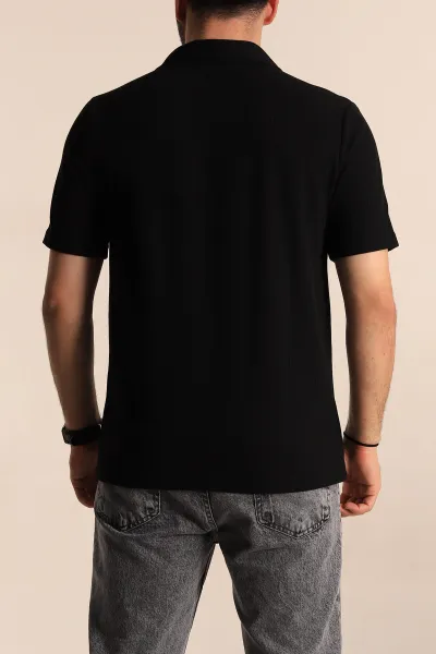 Siyah Regular Fit Fitilli Doku Fermuarlı Yaka Erkek Tişört 268887