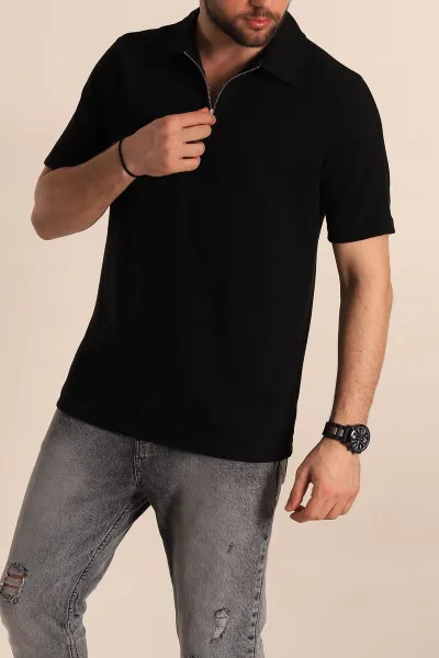 Siyah Regular Fit Fitilli Doku Fermuarlı Yaka Erkek Tişört 268887