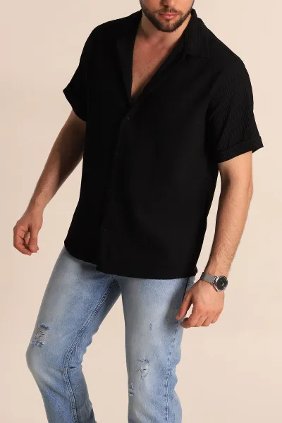 siyah-regular-fit-fitilli-doku-kisa-kollu-erkek-gomlek-275489
