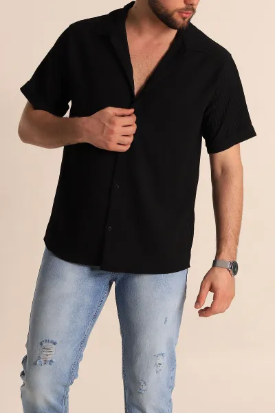 Siyah Regular Fit Fitilli Doku Kısa Kollu Erkek Gömlek 275489