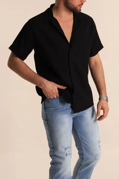 Siyah Regular Fit Fitilli Doku Kısa Kollu Erkek Gömlek 275489