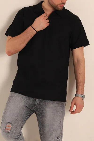 Siyah Regular Fit Fitilli Doku Patlı Polo Yaka Erkek Tişört 270576