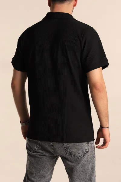 Siyah Regular Fit Fitilli Doku Patlı Polo Yaka Erkek Tişört 270576