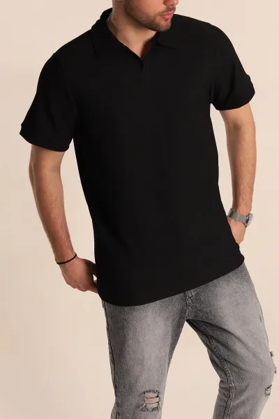 Siyah Regular Fit Fitilli Doku Patlı Polo Yaka Erkek Tişört 270576