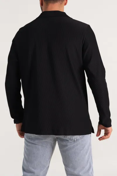 Siyah Regular Fit Fitilli Doku Polo Yaka Sweatshirt 299825