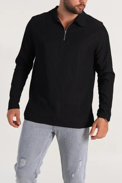 Siyah Regular Fit Fitilli Doku Polo Yaka Sweatshirt 299825