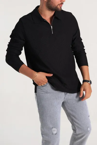 Siyah Regular Fit Fitilli Doku Polo Yaka Sweatshirt 299825