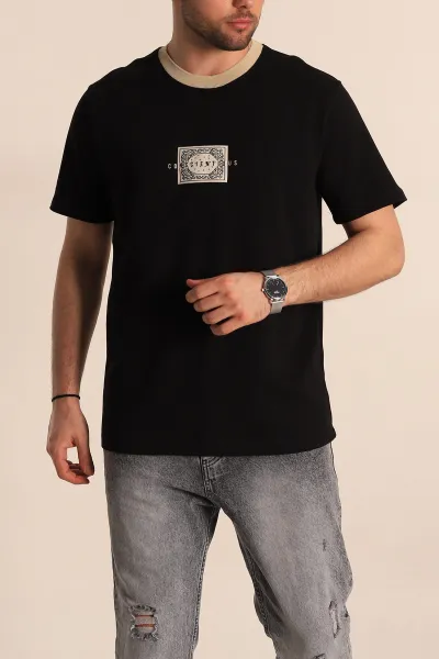 Siyah Regular Fit Göğüs Baskılı Erkek Tişört 270634