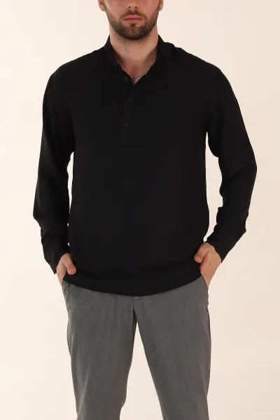 Siyah Regular Fit Hakim Yaka Uzun Kollu Erkek Gömlek 370036