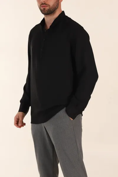 Siyah Regular Fit Hakim Yaka Uzun Kollu Erkek Gömlek 370036