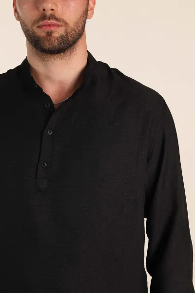 Siyah Regular Fit Hakim Yaka Uzun Kollu Erkek Gömlek 370036