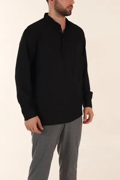 Siyah Regular Fit Hakim Yaka Uzun Kollu Erkek Gömlek 370036